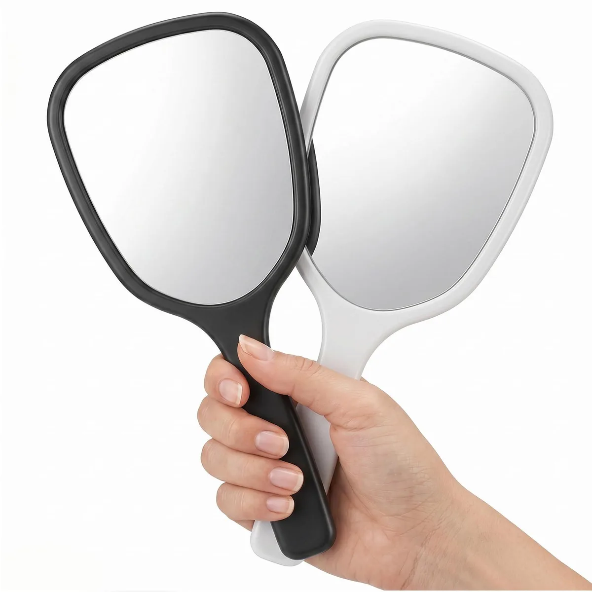 Two rectangular handheld mirrors, one black and one white, each with a smooth PVC frame and integrated handle