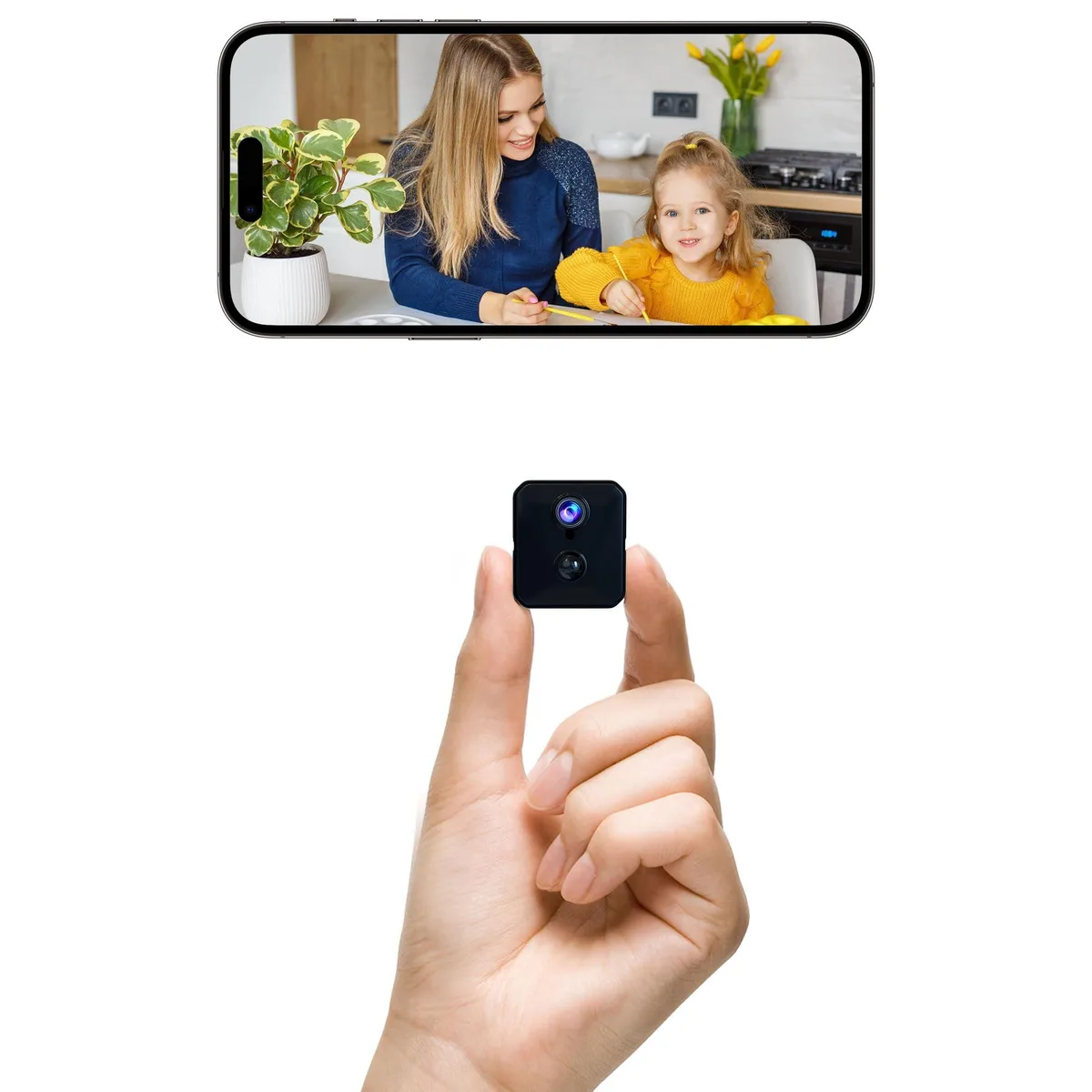 Small white cube IP camera sitting on a flat surface