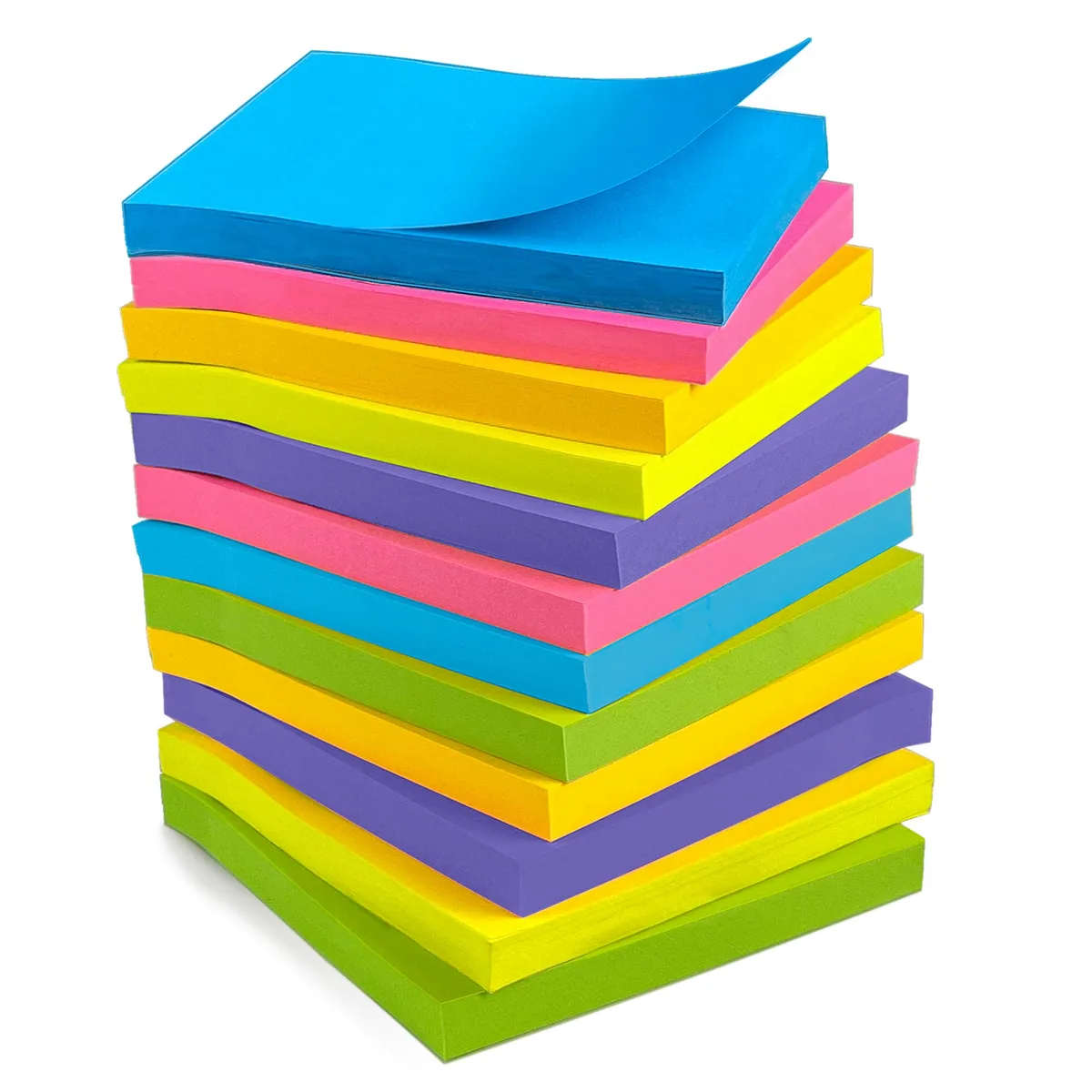 Twelve square pads of colourful sticky notes in a rectangular pack