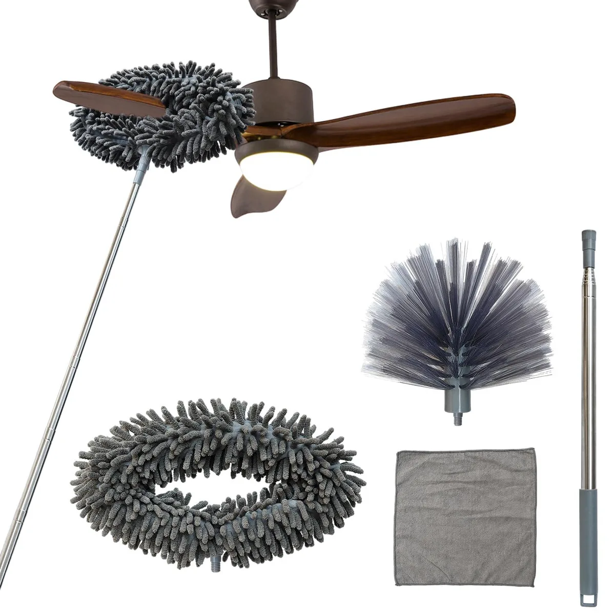 Gray microfiber ceiling fan and cobweb duster set with 89 inch telescopic pole