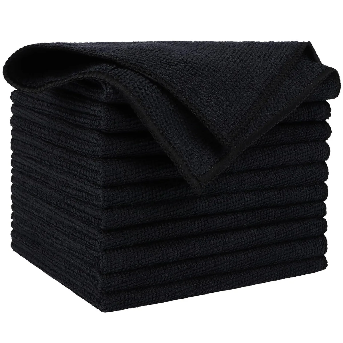 Stack of ten black square microfiber cloths, each twelve by twelve inches