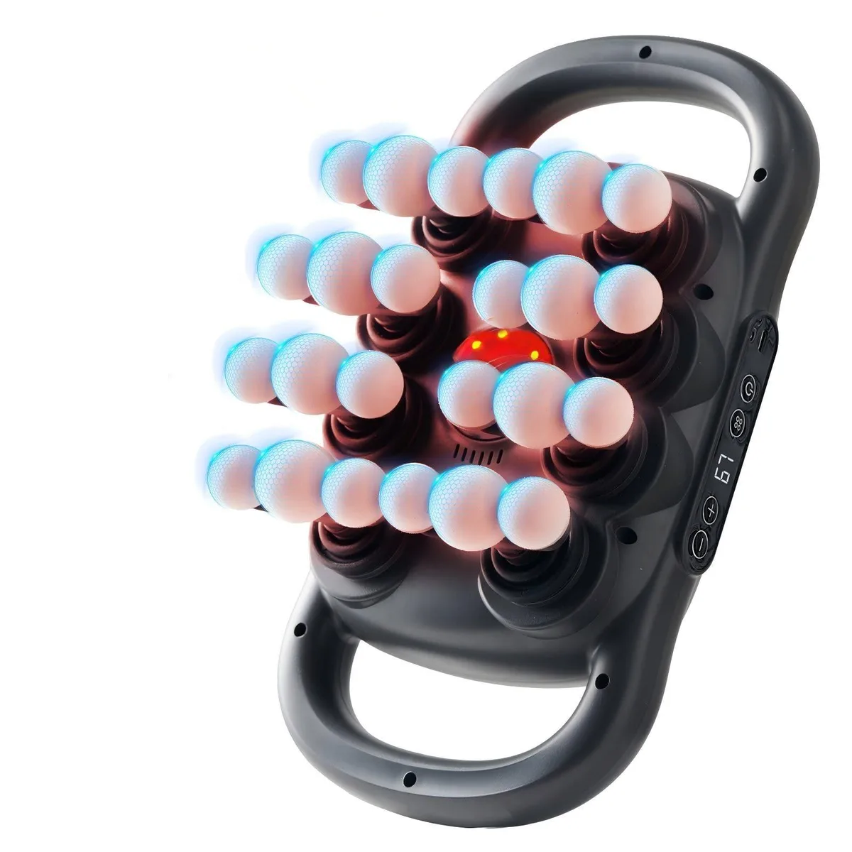 Black handheld percussion massager with 24 interchangeable heads, matte finish, pistol grip shape