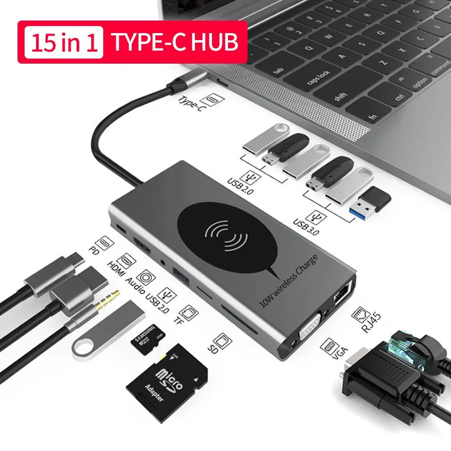 LUOM LUOM BXS15IN1 15-in-1 USB C Laptop Docking Station Dual Monitor 4K HDMI VGA Gigabit Ethernet Silver — product photo