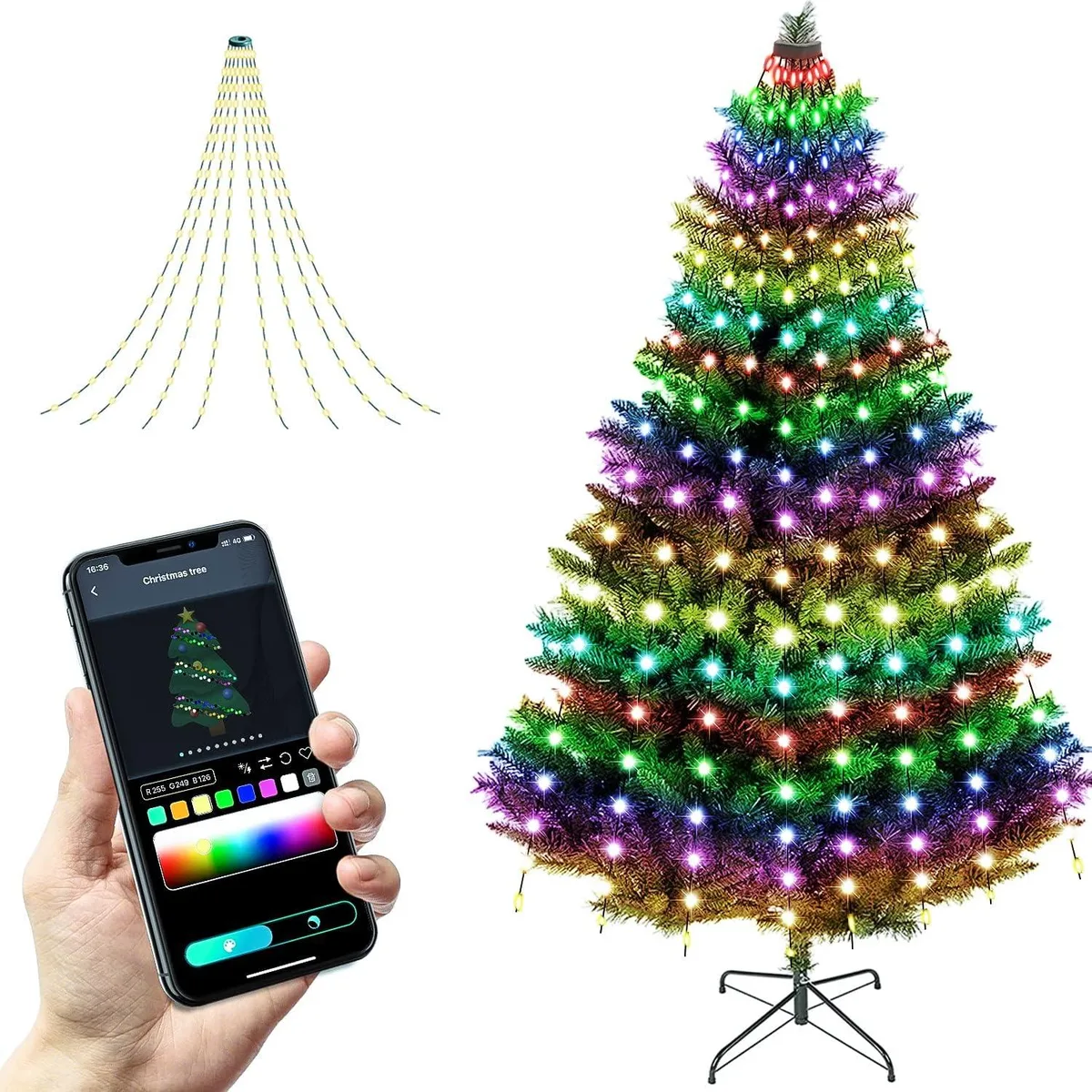 White ring with 160 LED strands cascading 6.5 ft, 52.5 ft total length, IP65 waterproof, app-controlled colour modes