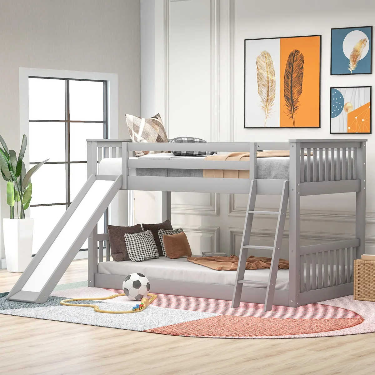tuphen tuphen Twin over Twin Bunk Bed with Slide and Ladder Gray — product photo