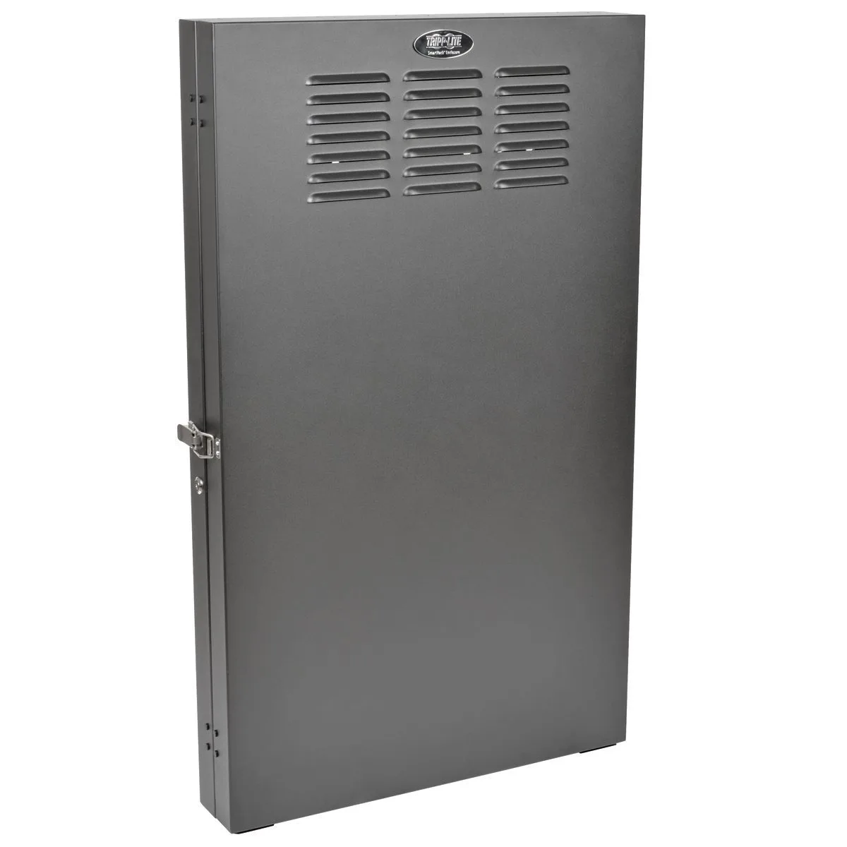 Black steel wall-mount rack cabinet, vertical low-profile design, front door with lock, 19-inch mounting rails, 36-inch depth capacity