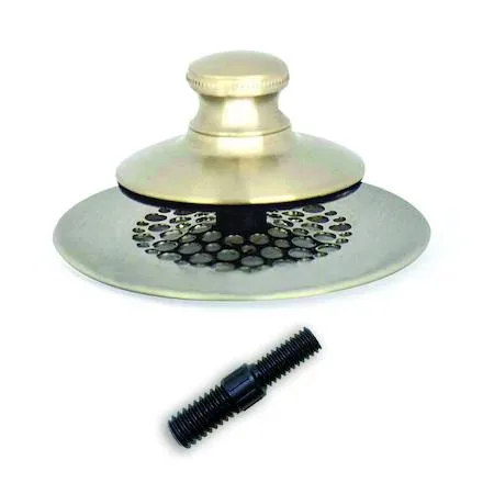 Circular nickel-finish bath drain cover with push-pull stopper and grid strainer, 2.875 inch diameter