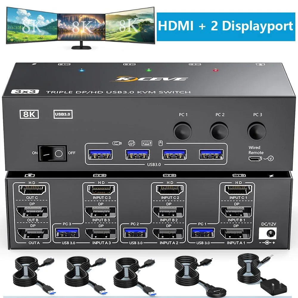 WRIARICH WRIARICH KVM Switch 3 PC 3 Monitor HDMI 2 DisplayPort 8K@60Hz 4K@144Hz 4 USB 3.0 Wired Remote — product photo
