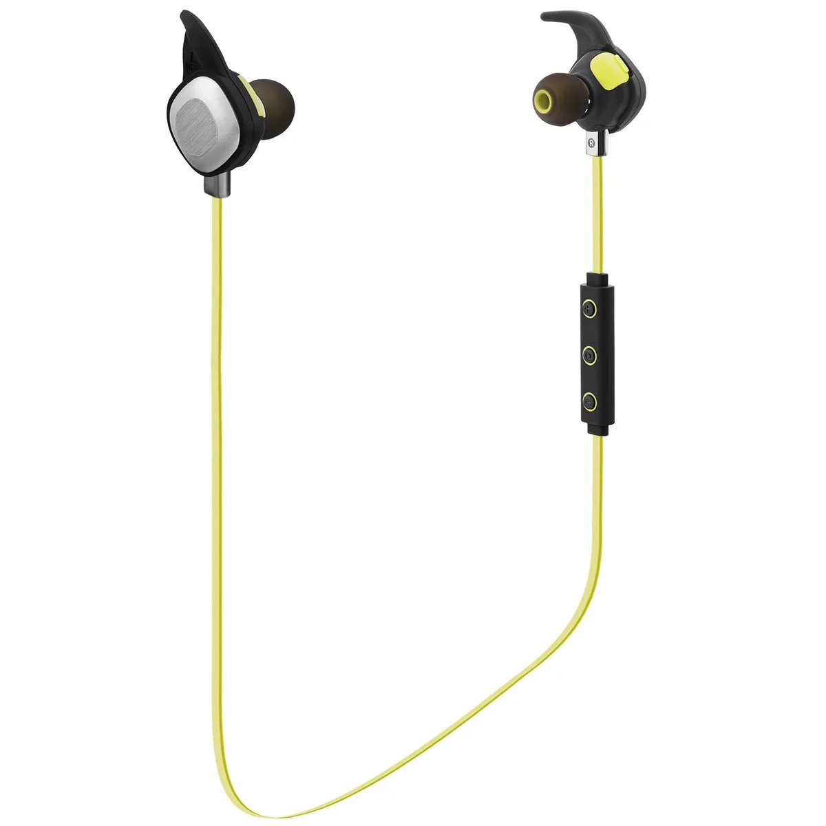 Silver in-ear Bluetooth 4.1 earbuds with ear hooks and inline controls