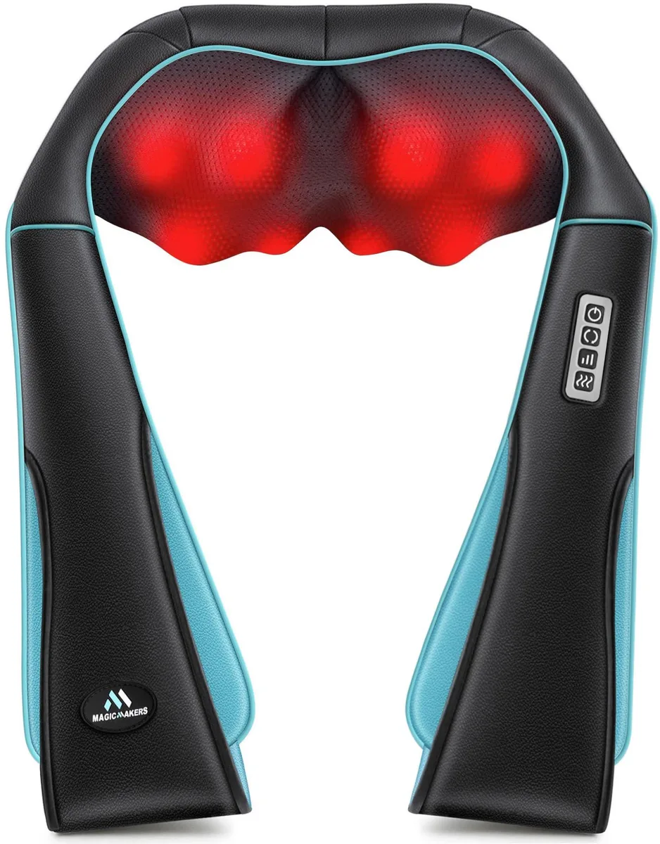 Blue leather massage mat with corded controller, rectangular shape