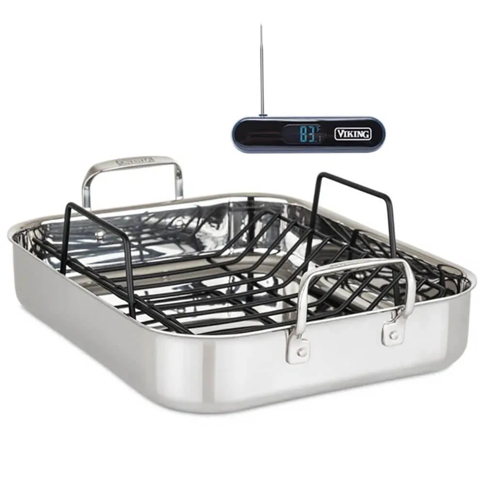 Viking stainless steel roasting pan with rack and thermometer