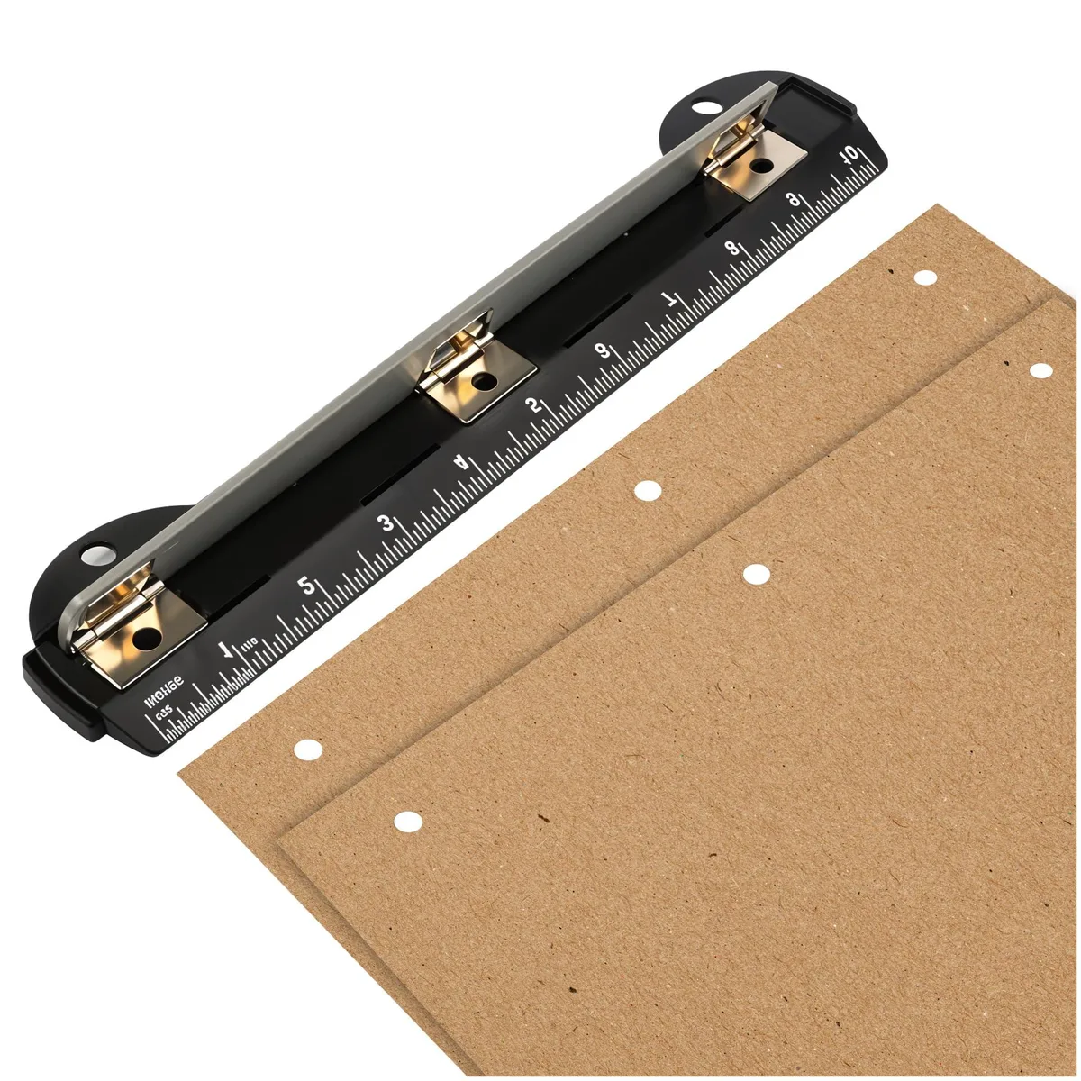 Compact three-hole punch with built-in 10 inch ruler and removable chip tray