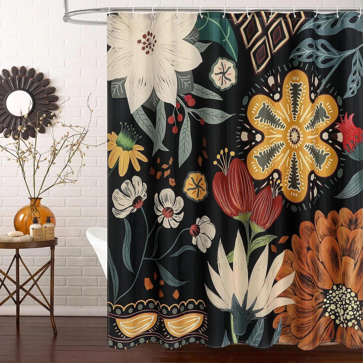 Square polyester shower curtain with abstract floral print and metal grommets