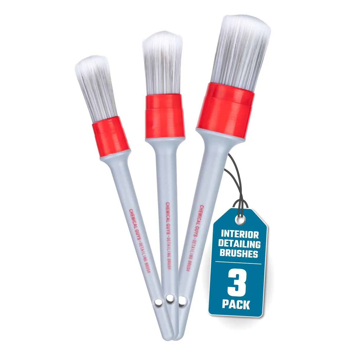 Three interior detailing brushes with ergonomic handles and soft bristles