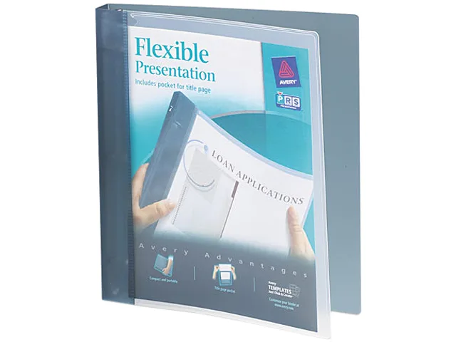 Gray flexible round-ring binder with clear front pocket and translucent spine