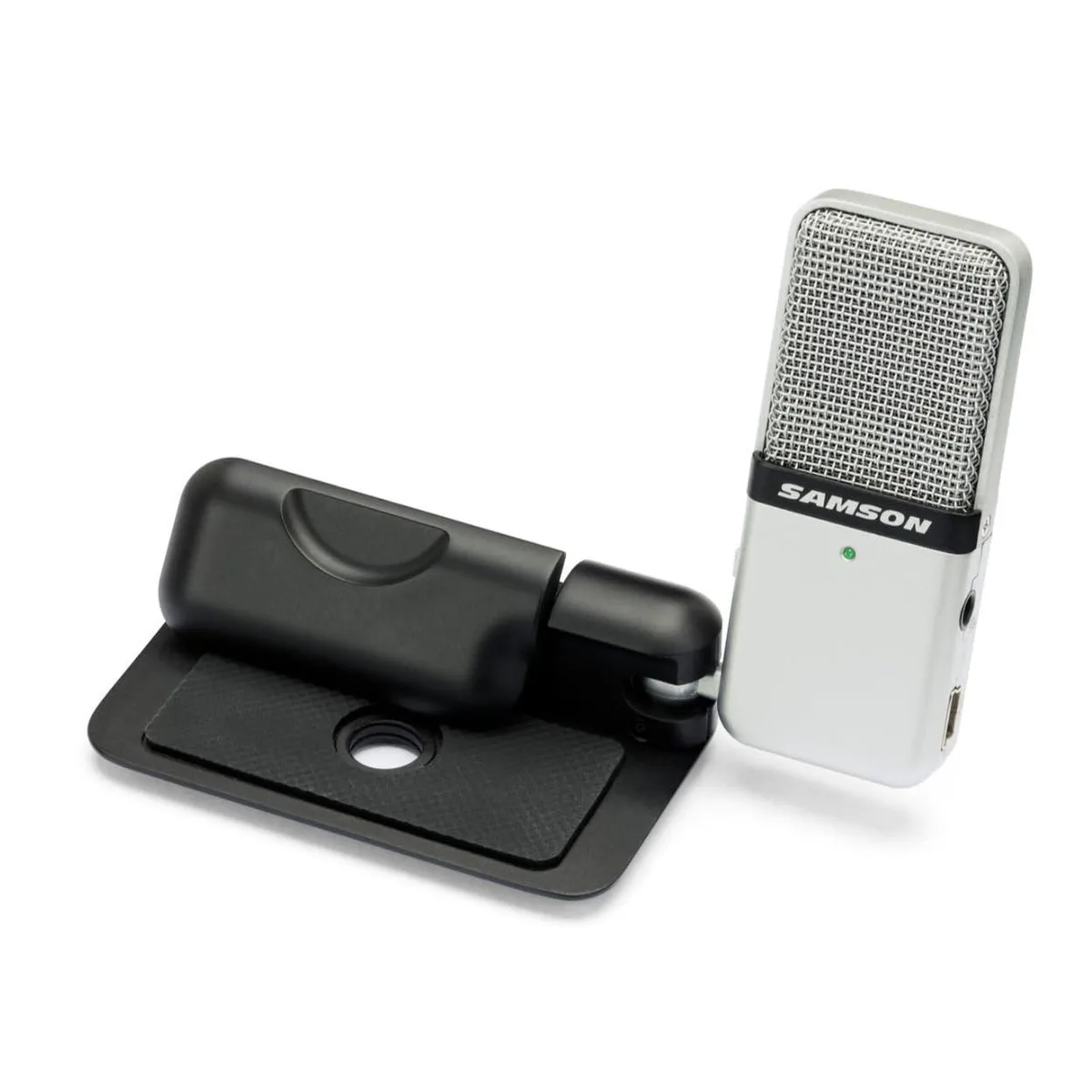 Compact black USB condenser microphone with integrated clip for laptop or desk use
