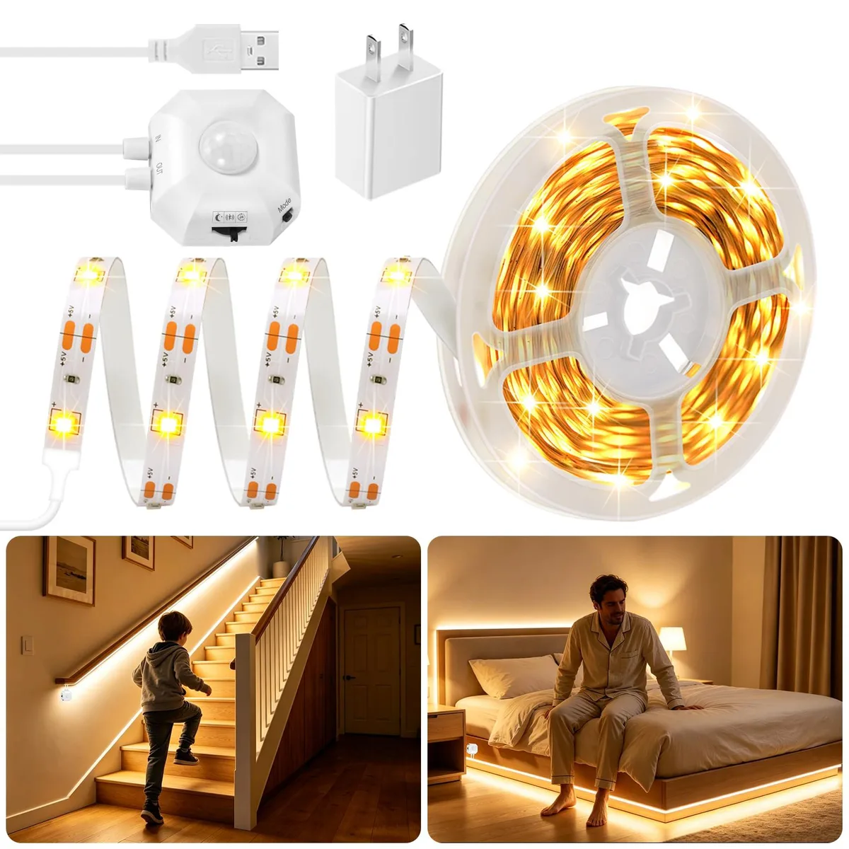 A 16.4ft warm white LED strip with USB power adapter and motion sensor control unit