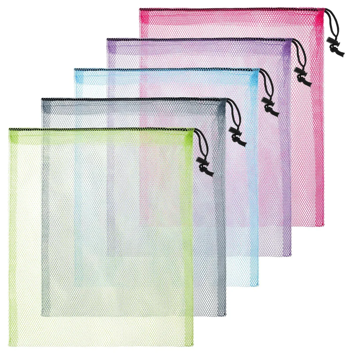 Five colorful mesh drawstring bags in green navy sky blue purple pink laid flat showing breathable nylon fabric and adjustable cords