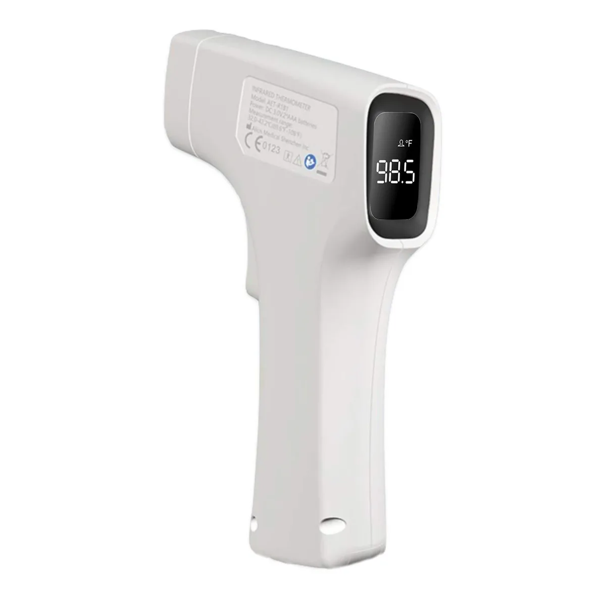 Black infrared thermometer with digital display and trigger button