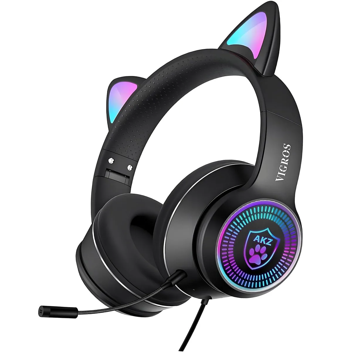 Black over-ear headphones with cat ears and LED lights