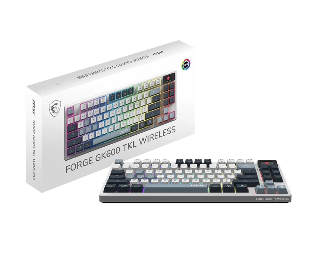 MSI MSI FORGE GK600 TKL gaming keyboard white mechanical linear hot-swappable RGB 1.06" display — product photo
