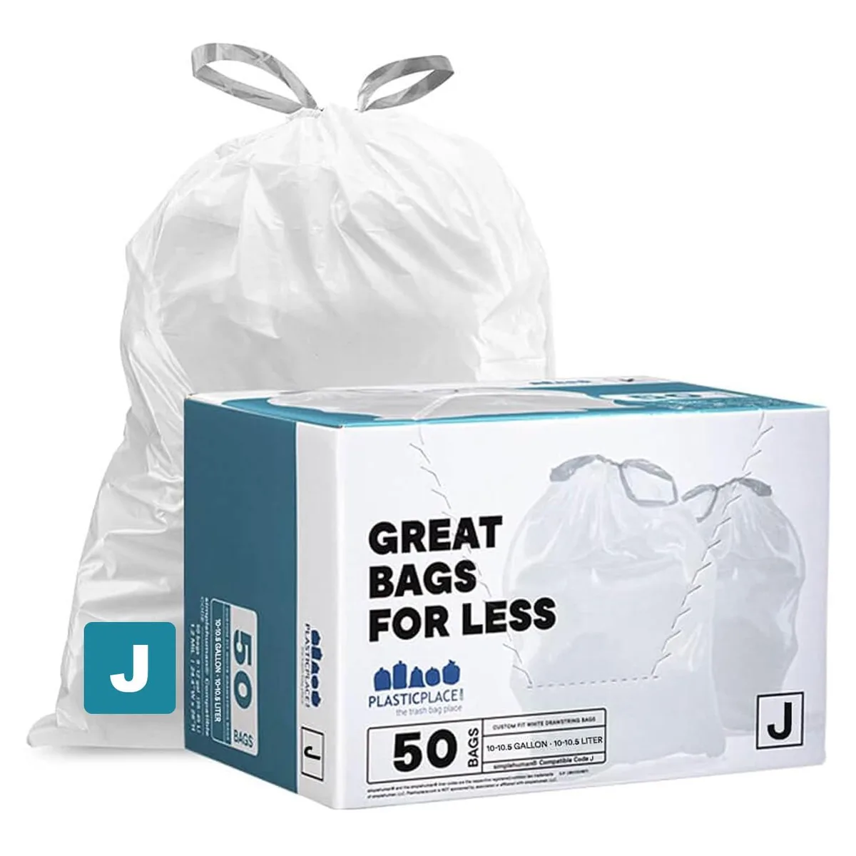 Plasticplace Code J 50 Count 10.5 Gallon White Drawstring Trash Bags 1.2 Mil — product photo