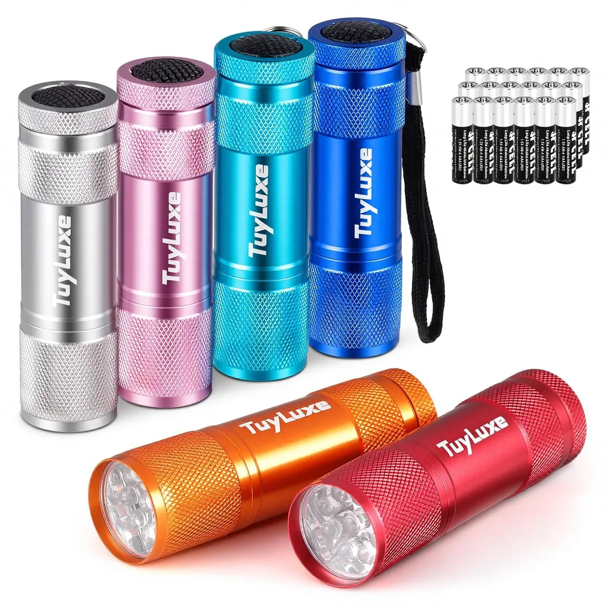 Six small cylindrical aluminum flashlights in assorted colors with wrist lanyards
