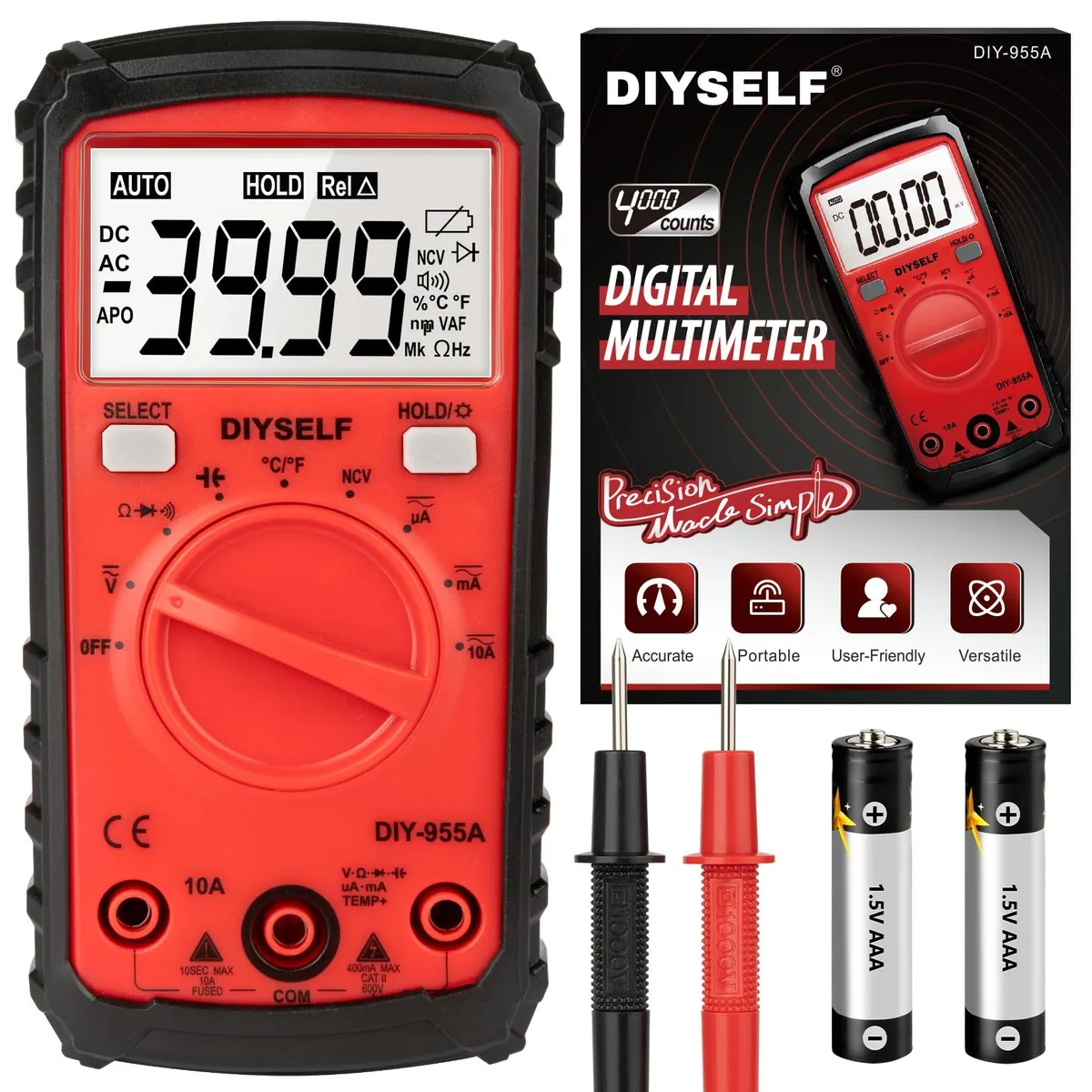 Digital multimeter with backlit LCD display and rotary selector