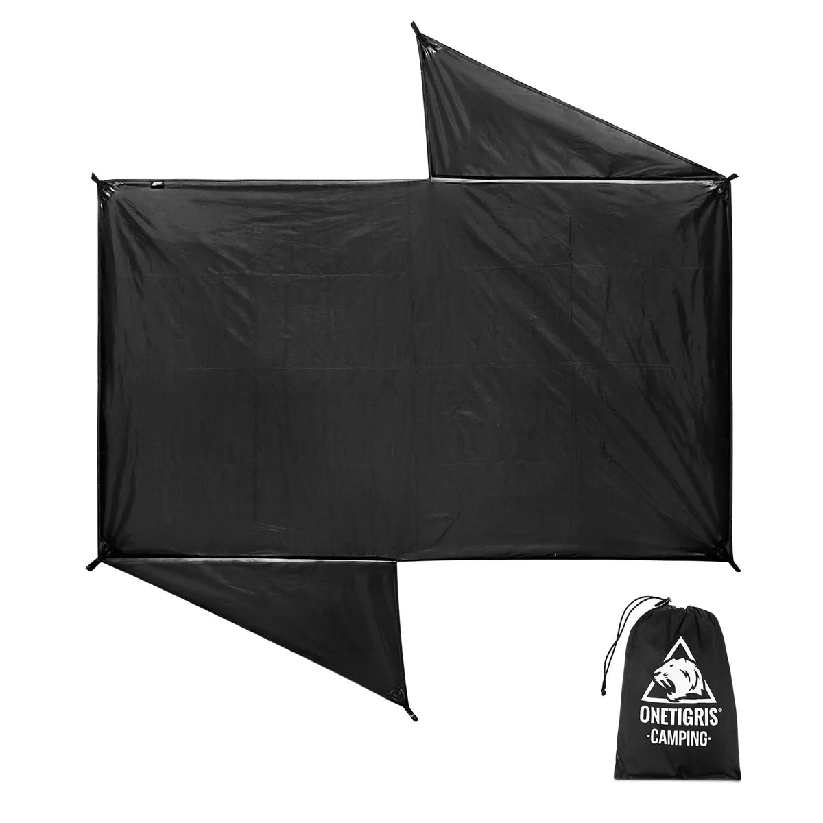 Rectangular grey polyester groundsheet with attached vestibule extension, folded beside a compact carry bag