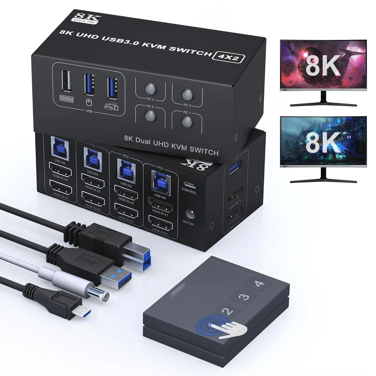 IHDAPP IHDAPP Dual Monitor HDMI KVM Switch 4-in-2-out 8K@60Hz 4K@120Hz 4K@144Hz 3×USB 3.0 — product photo