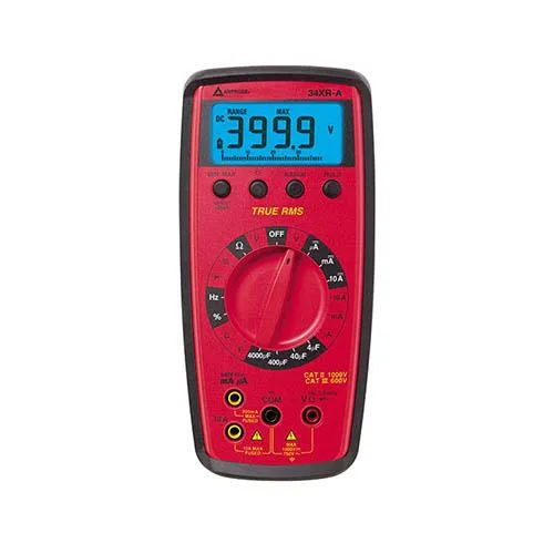 Yellow handheld digital multimeter with LCD display and rotary selector switch