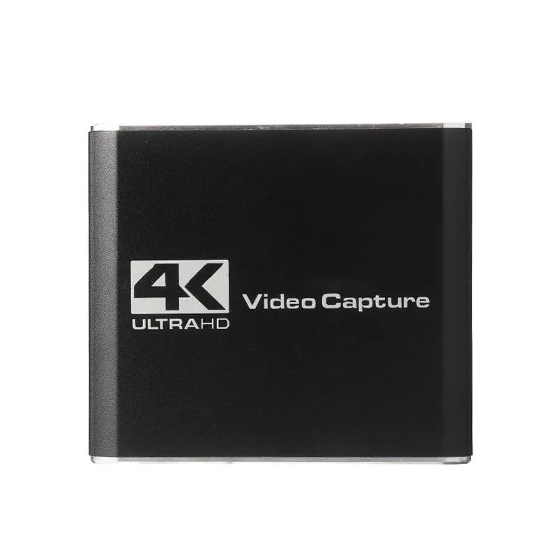 Small black aluminium capture box with HDMI in and out, USB 3.0 and 3.5 mm audio ports