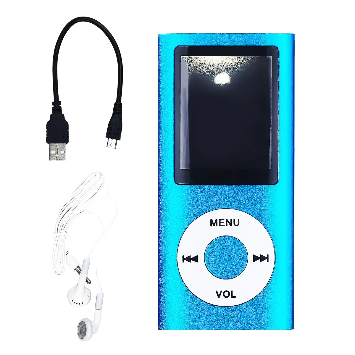 Small blue rectangular MP3 player with 1.8 inch LCD screen and included earphones