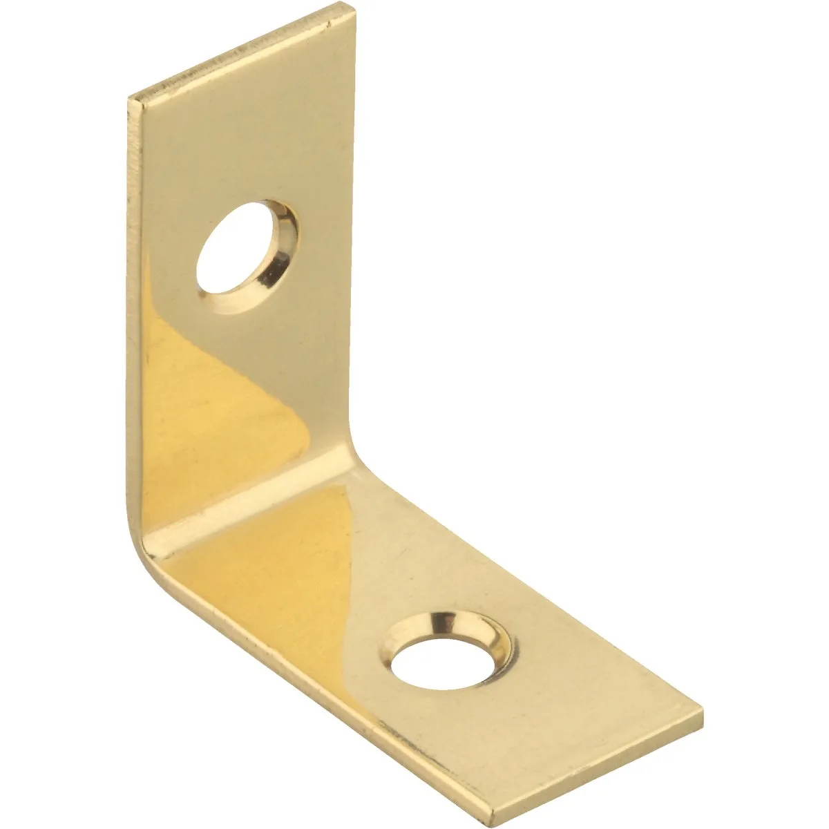 Small solid brass corner brace, bright finish, four holes, screws included, four per pack