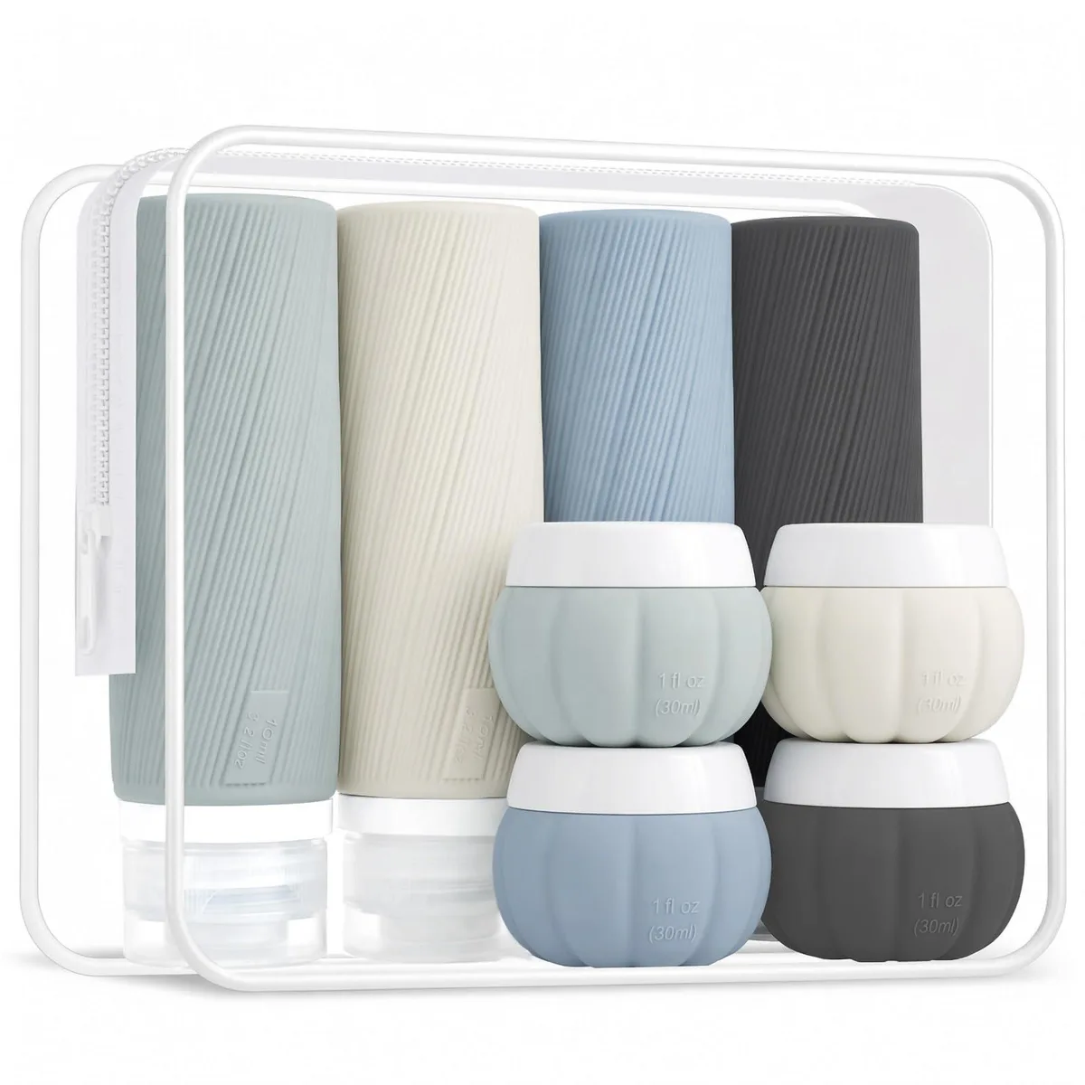 Black 13-piece travel bottles set with clear toiletry bag, silicone bottles, cream jars, labels and spatulas