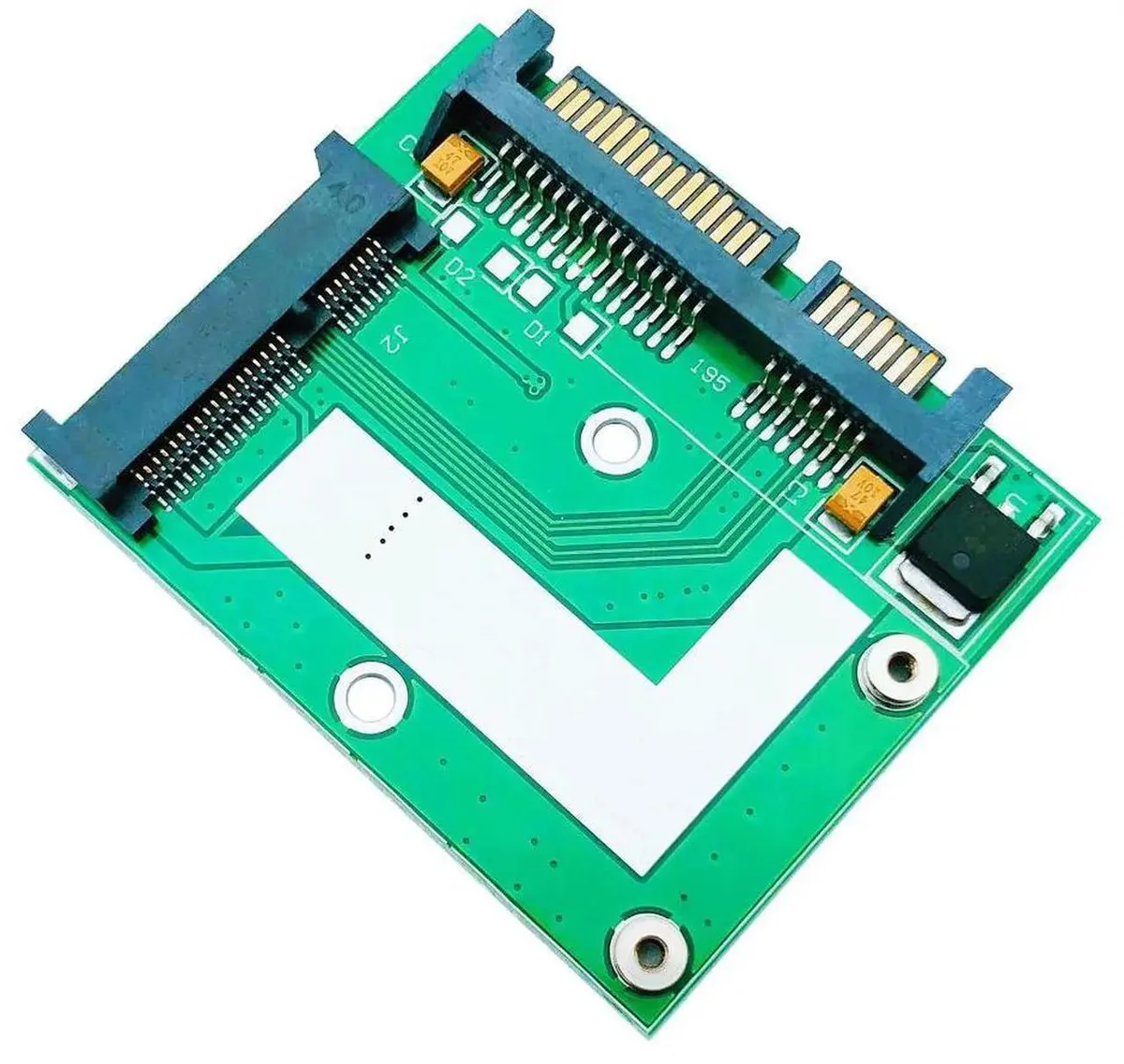 Small green circuit board with mSATA slot and SATA connector