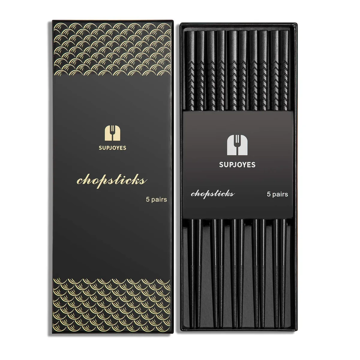 Five pairs of black fiberglass chopsticks with wave pattern, 9.5 inches long, square handles, frosted tips