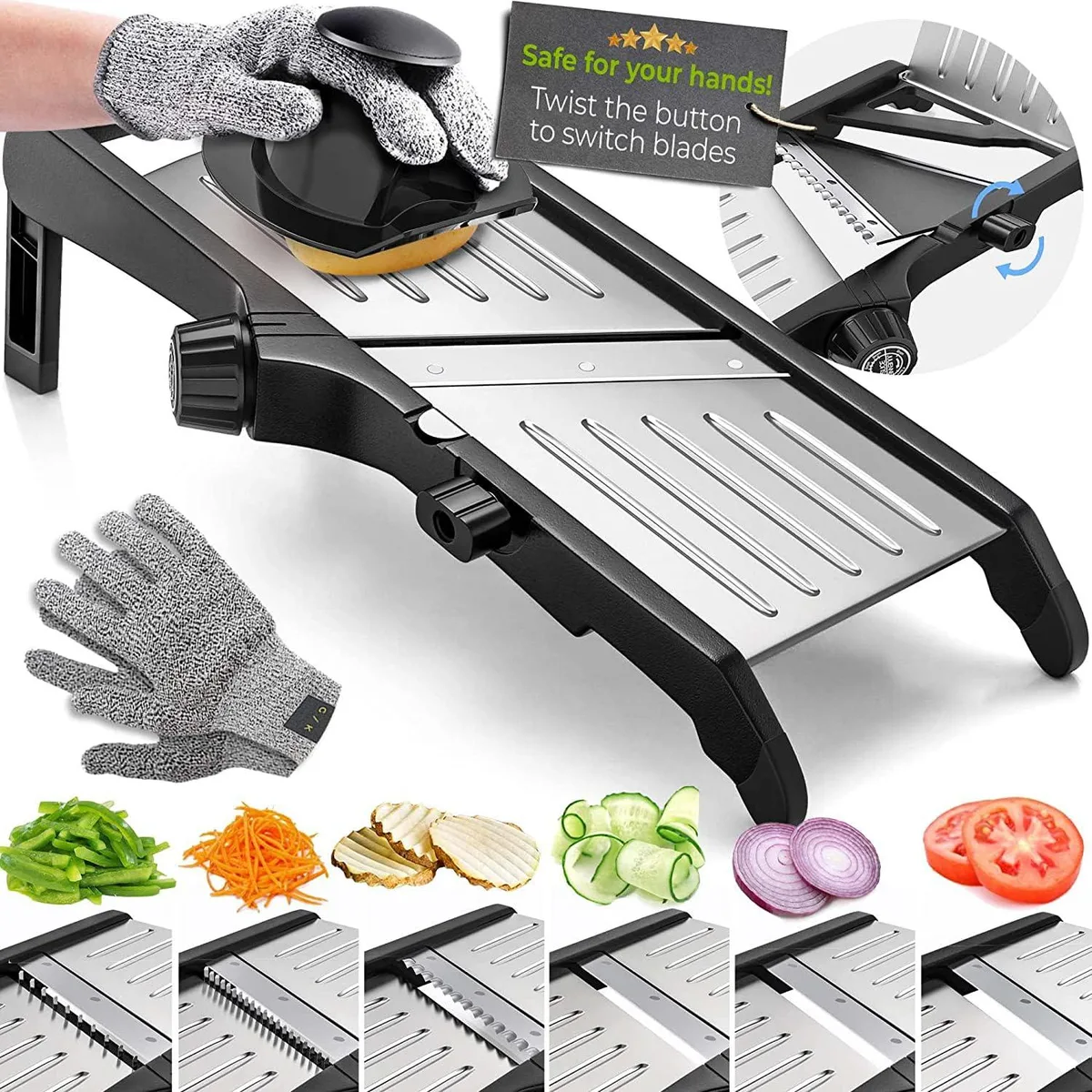White mandoline slicer with adjustable blade dial, fold-flat frame, cut-resistant gloves and food holder