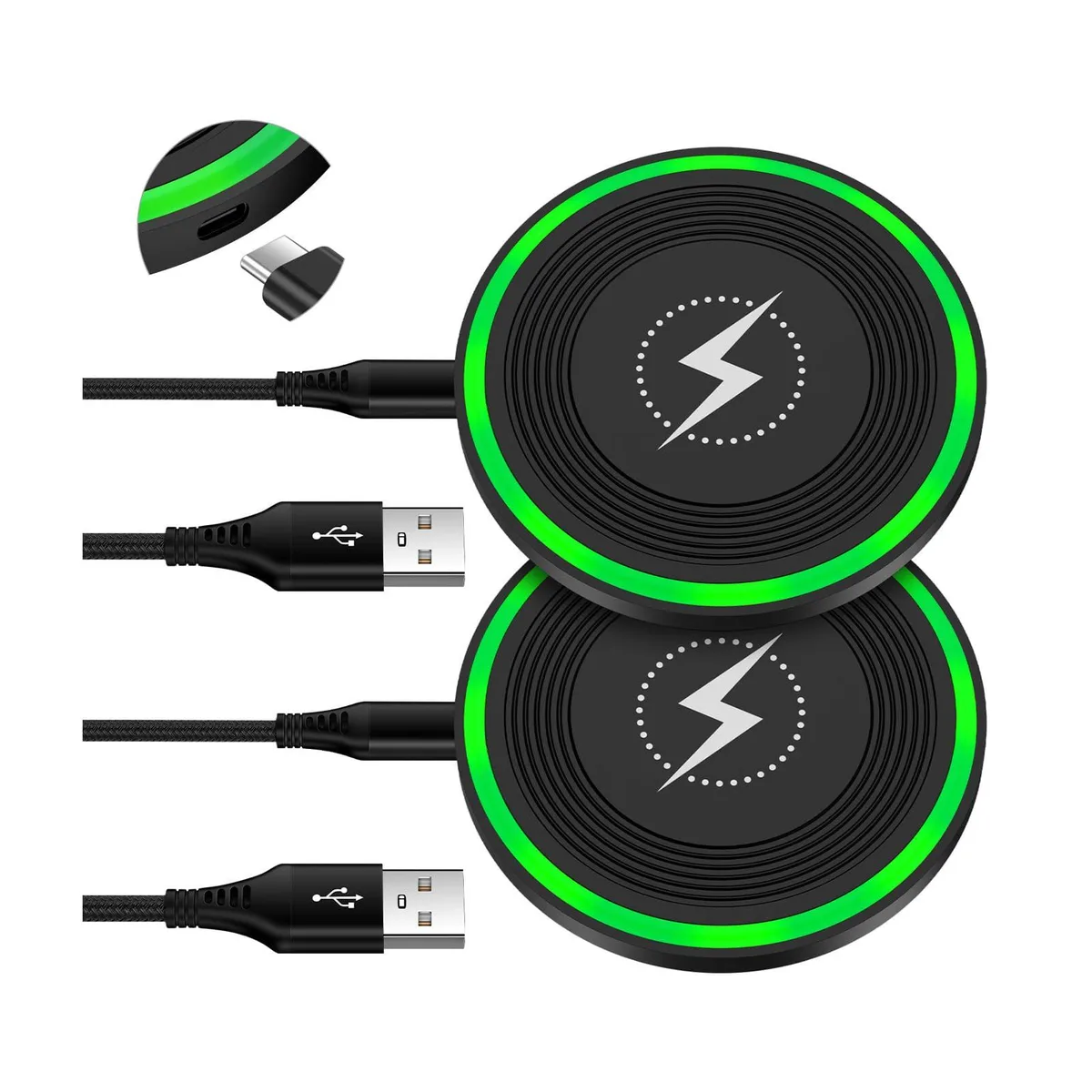 Two flat circular wireless charging pads, matte finish, LED indicator on each