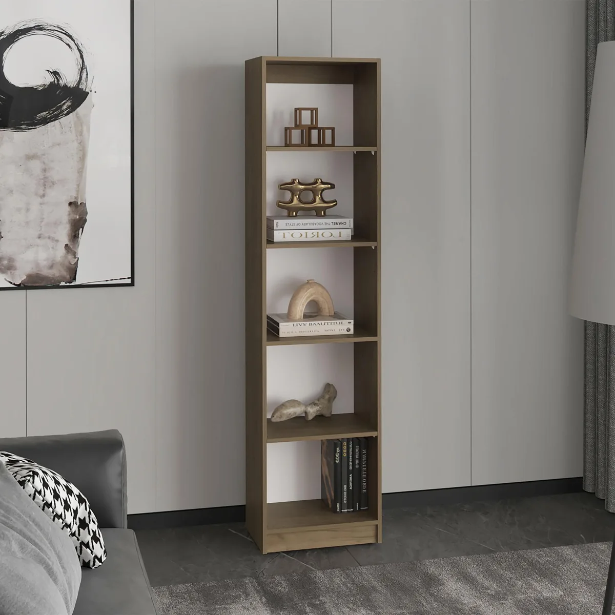 Tall beige 5-tier bookcase with narrow open shelves