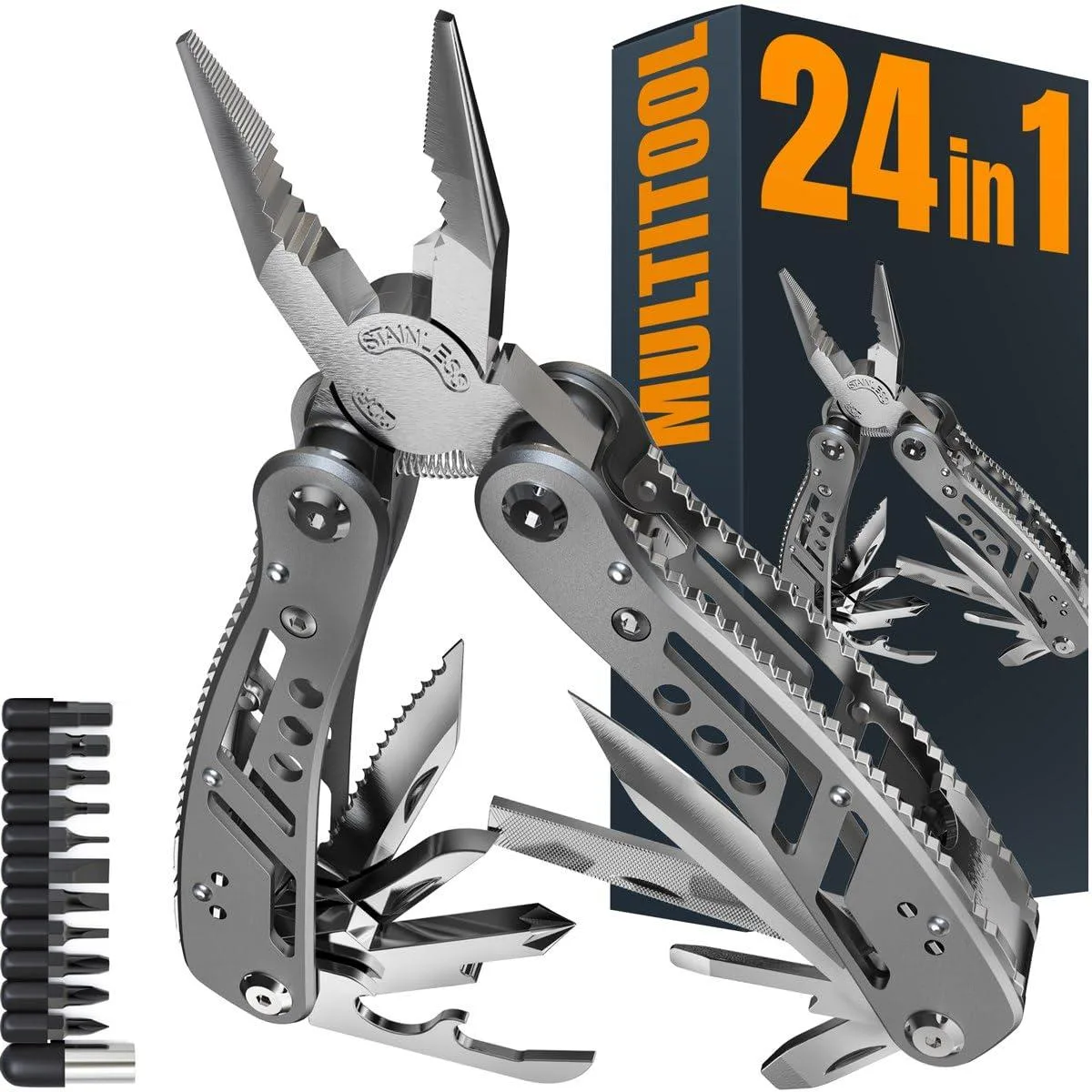 Black stainless-steel multitool with pliers, knife and bit set in nylon sheath