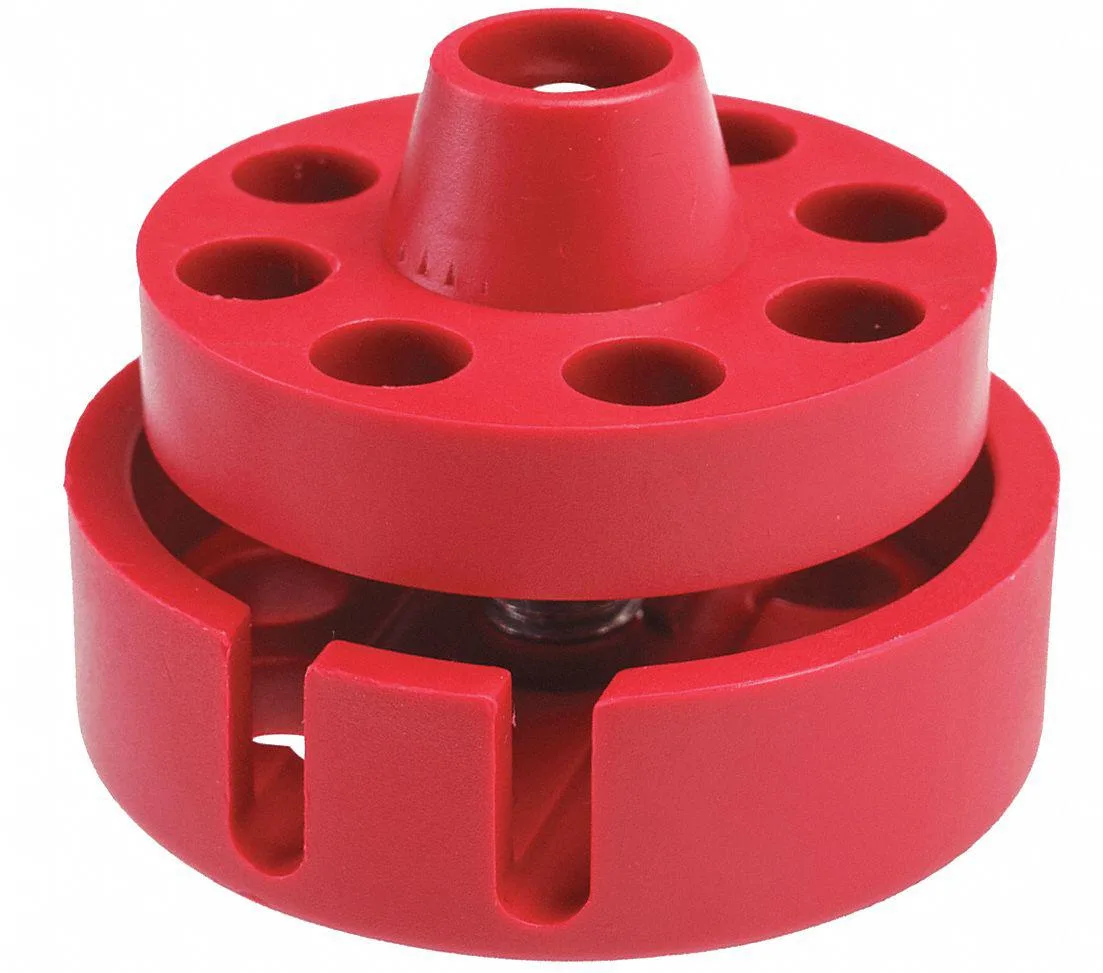 Red nylon twist-lock cable lockout body, 2 by 2 by 1.5 inches, accepts six padlocks