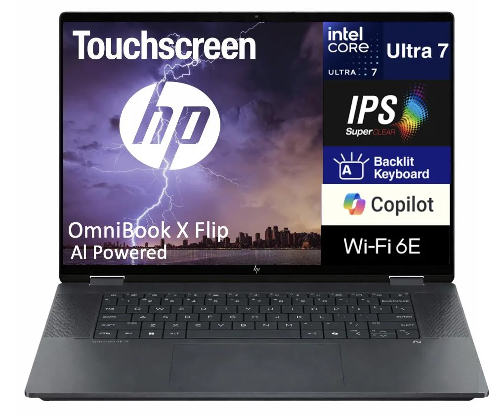 HP HP OmniBook X Flip 2-in-1 laptop Intel Core Ultra 7 258V 32GB LPDDR5X 2TB SSD 16.0" touchscreen — product photo