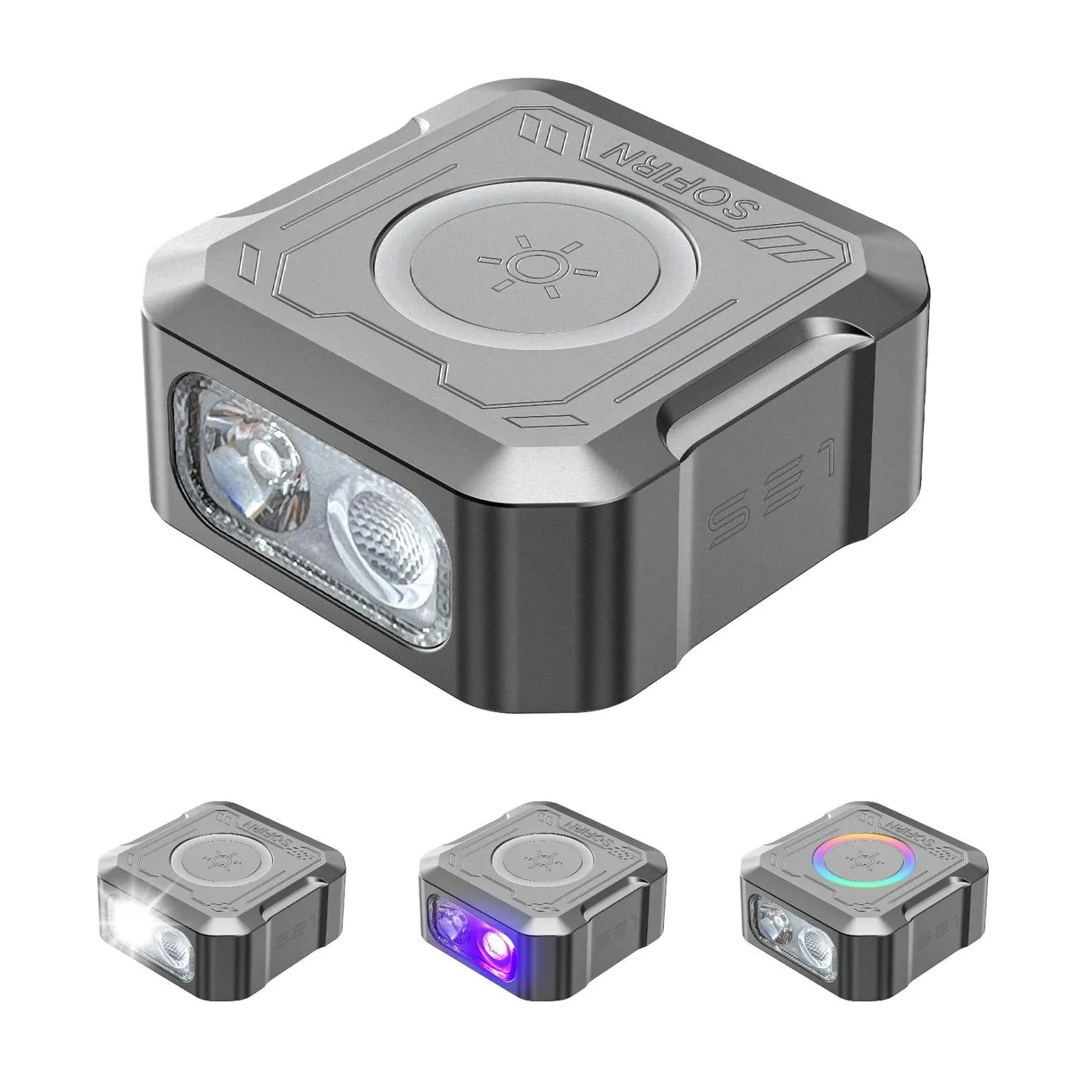 Coin-sized grey aluminium keychain flashlight with magnetic base and USB-C port