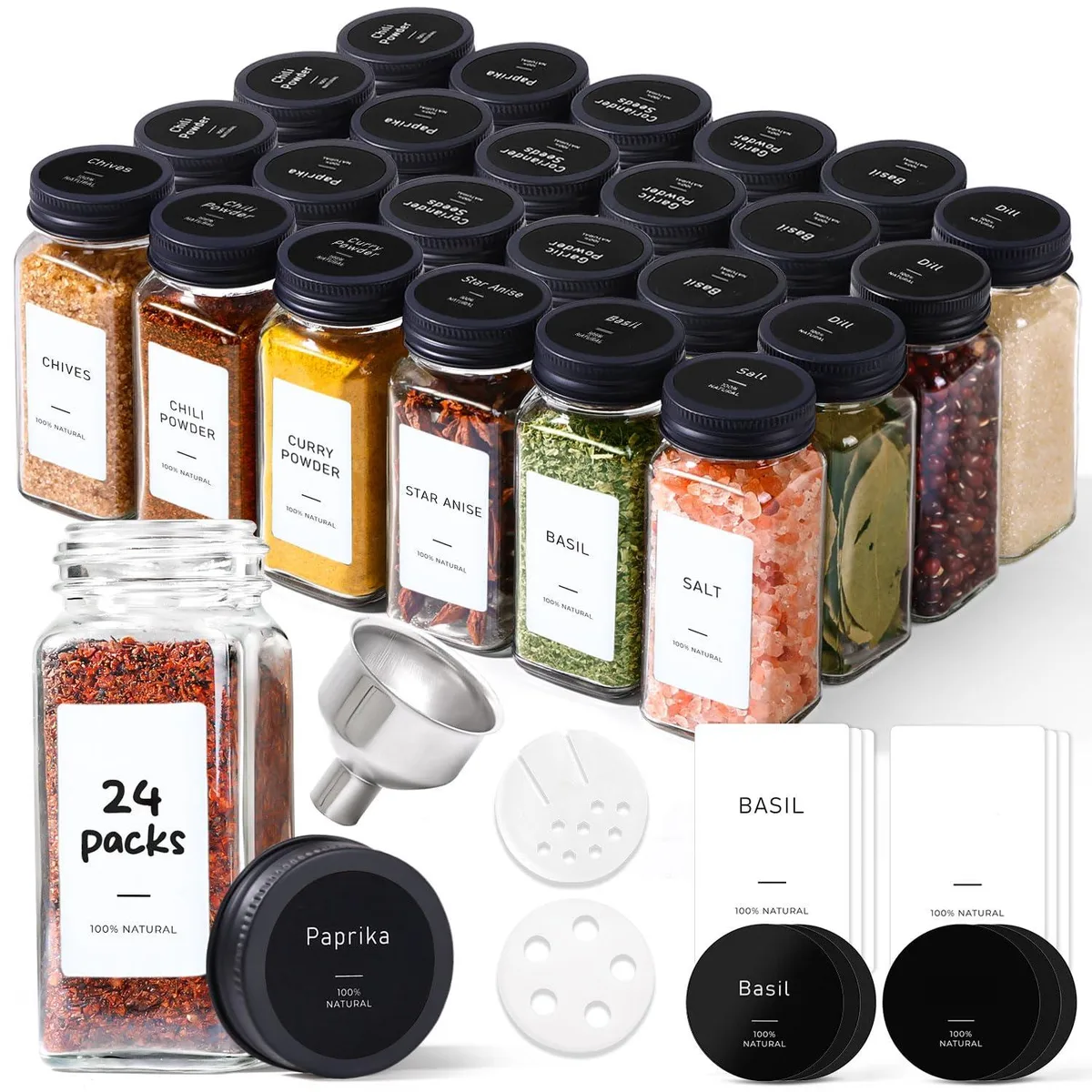 Twenty-four square clear glass jars with black metal lids