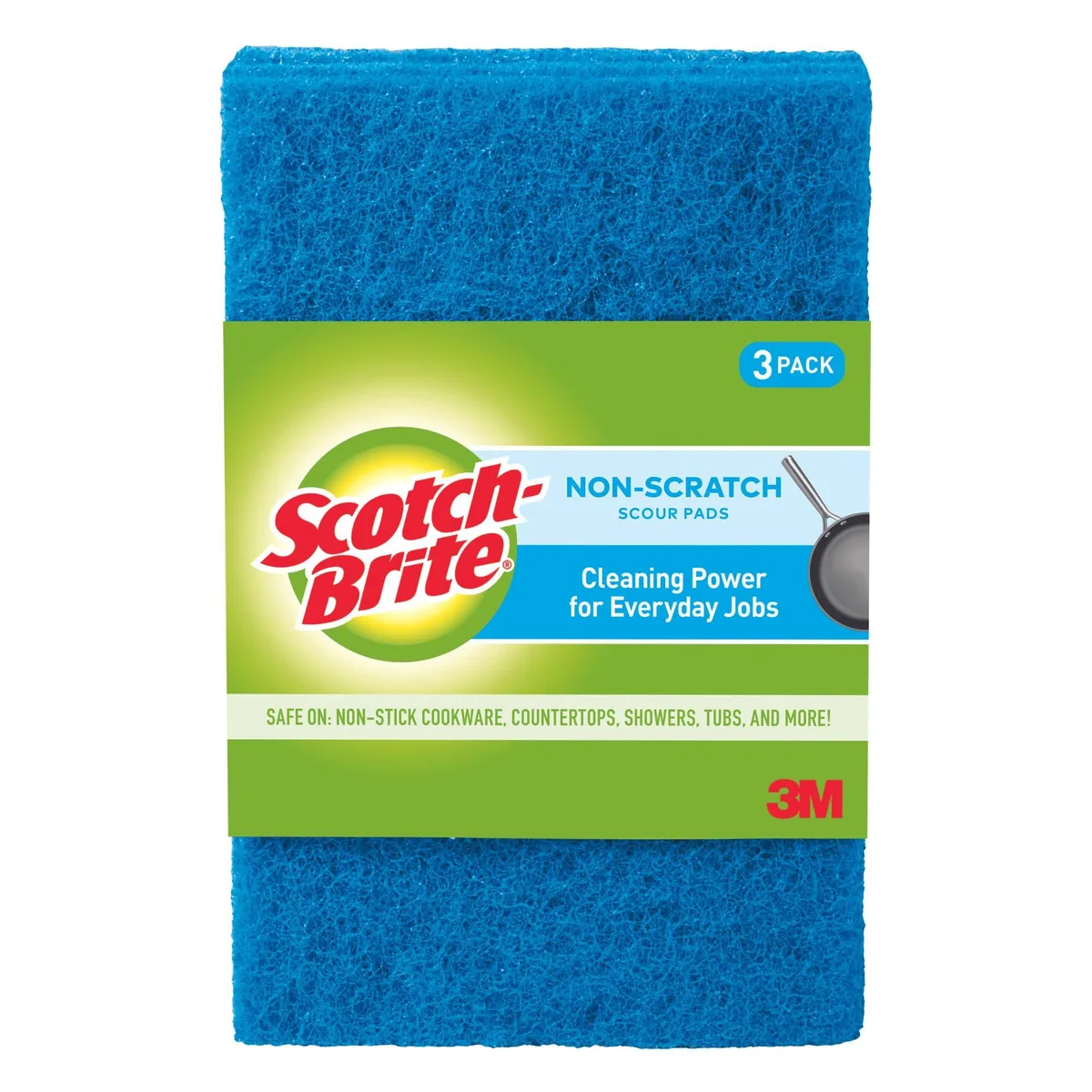 Three blue rectangular scouring pads, 6 by 3.8 inches, non-scratch finish