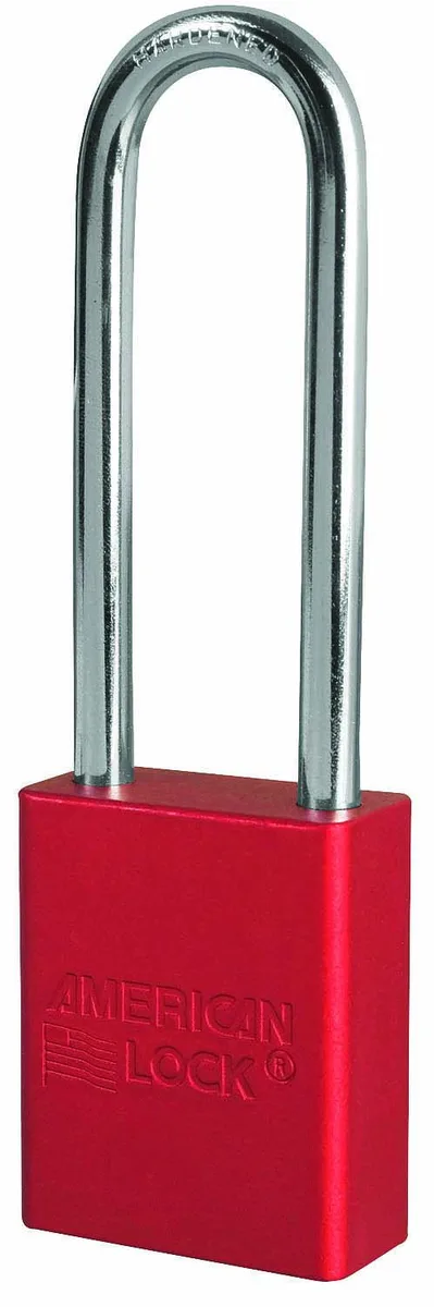 Red anodized aluminum padlock with extended boron alloy shackle