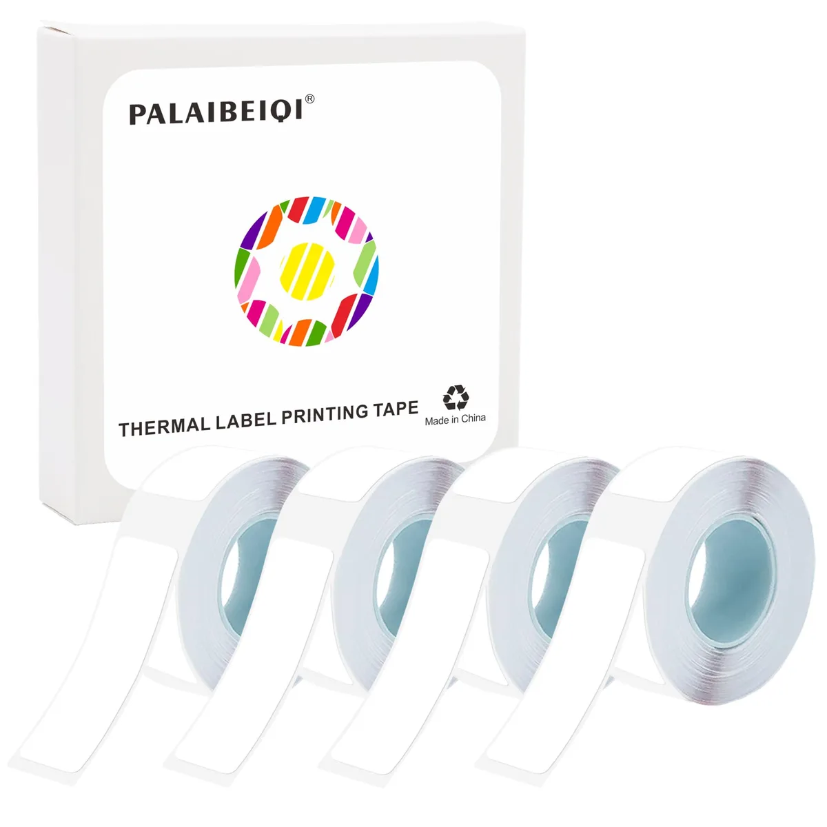 Four white rectangular label rolls in a box