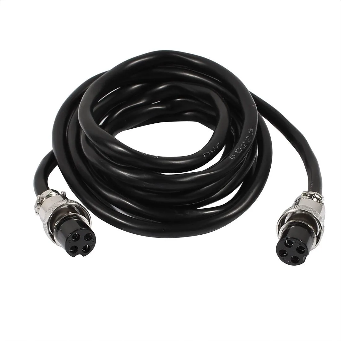 Black GX16 4-pin double female aviation socket cable, 2m PVC jacket with metal threaded connectors, 6mm diameter