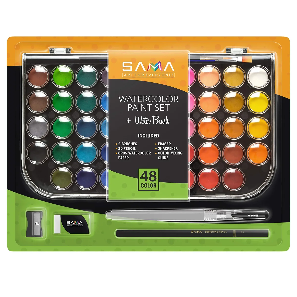  SAMA G-0048 48-Color Watercolor Paint Set with Brushes, Paper, Pencil &amp; Mixing Tray — product photo